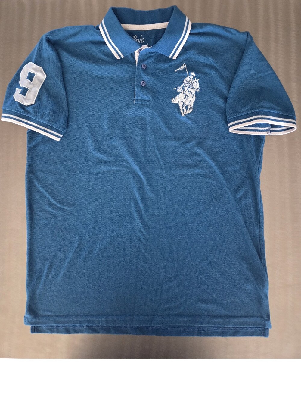 Franky Max Embroidered Polo Player #9 Rugby Style Polo Teal Blue Large